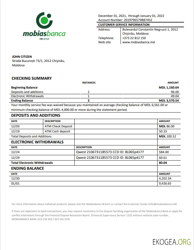 Relevé bancaire de Moldavie Mobiasbanca template Relevé bancaire de Moldavie Mobiasbanca template